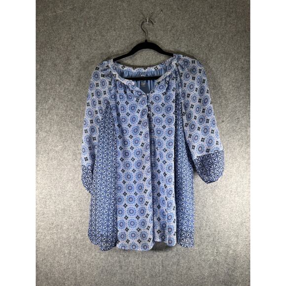 St Johns Bay Blouse Women 1X Blue Short‎ Sleeve Chiffon Boho Smocked Stretch - Picture 1 of 6
